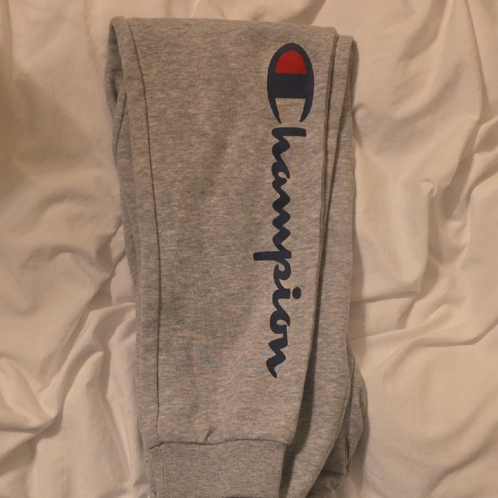 Champion Gray Kids Sweatpants with Navy Script and Red Accent